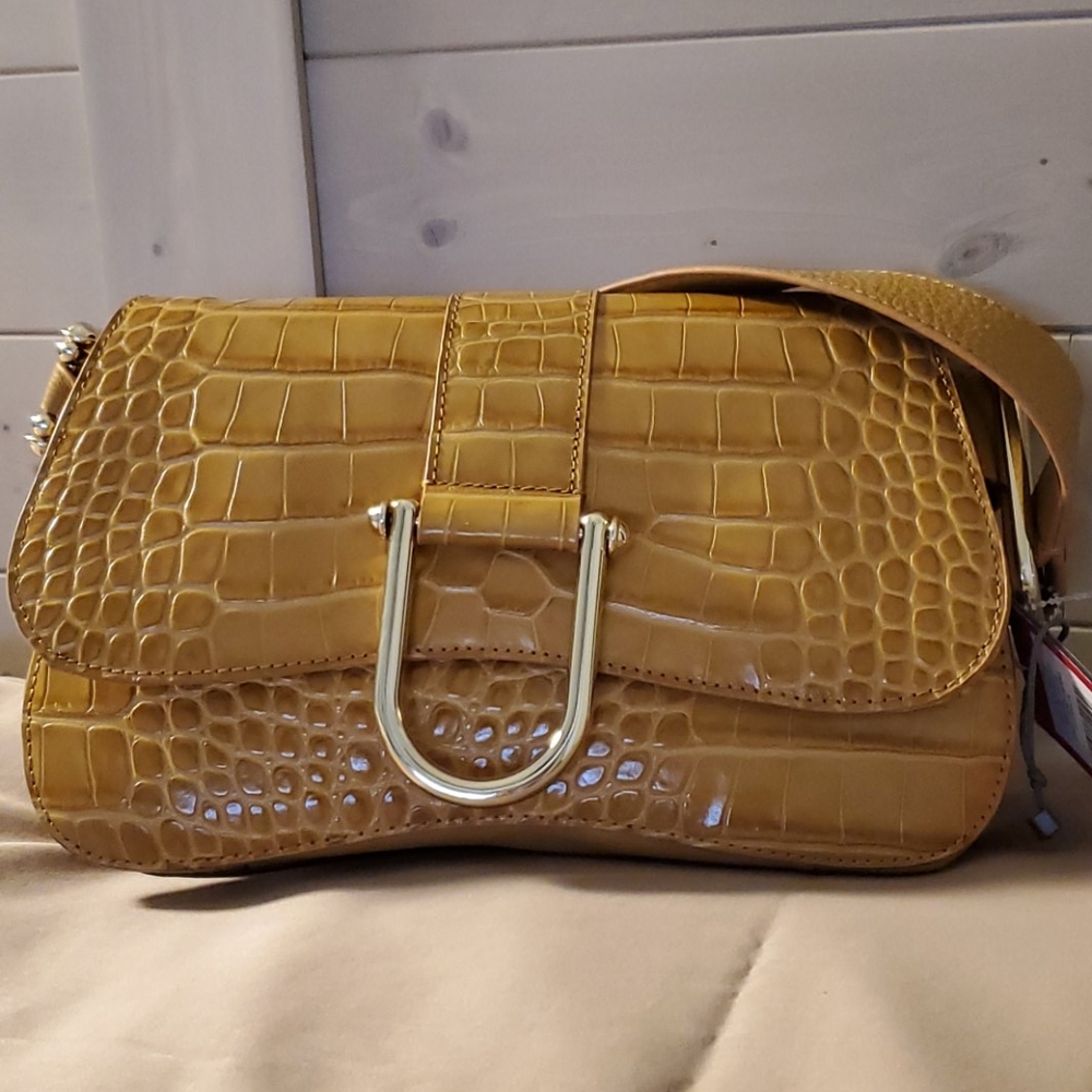 Vince Camuto Croc-Embossed Mustard Shoulder Bag with Gold Hardware